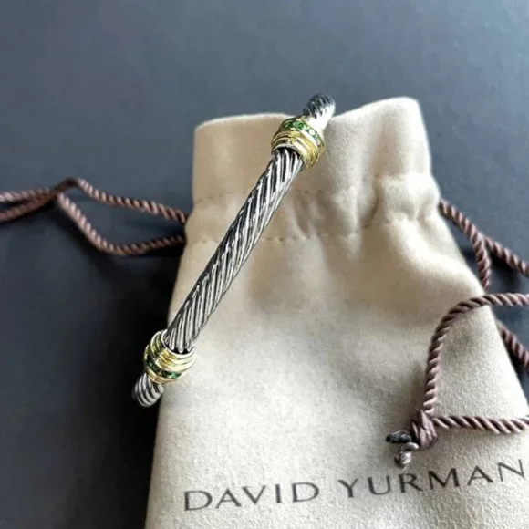 David Yurman 925 Sterling Silver 5mm Gold Green Crystal Cable Cuff Bracelet